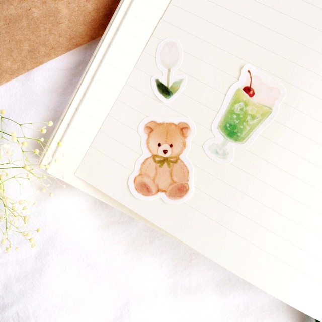 くまとグリーンホワイトのシール-green&white sticker sheet
