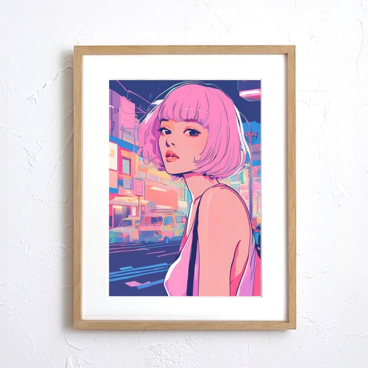 Bob Girl Ⅴ|ピンクヘアが印象的なレトロポップアートポスター|淡いパステルが描くシティポップでおしゃれな空間演出A2ポスター