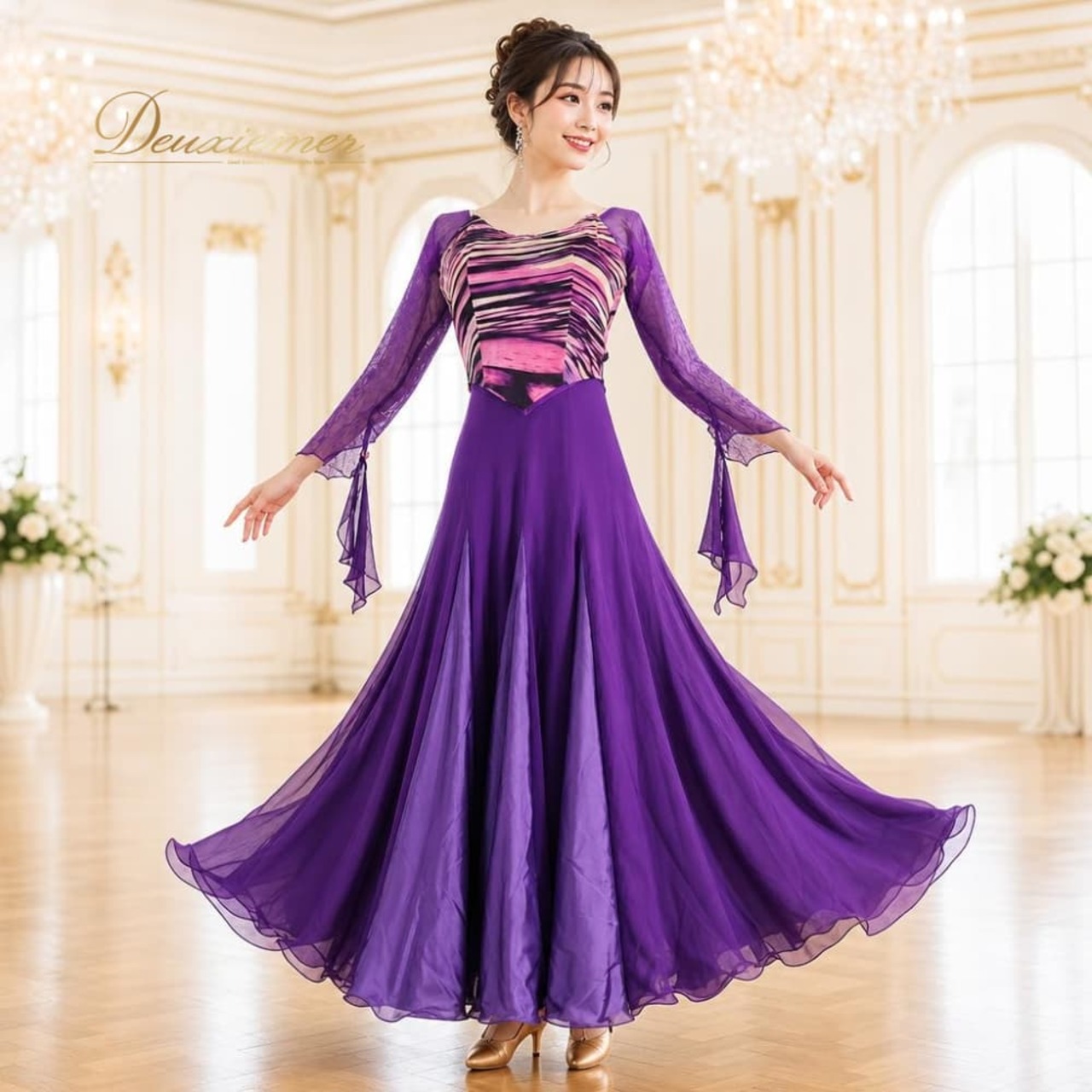 社交ダンス 衣装 Sanline サンリーヌ ドレス ワンピース パープル系 紫 黒 日本製 光沢 高級感 上品 鮮やか かわいい ダンス衣装 イベント ステージ パーティー レース シンプル レディース おしゃれ ブラック系