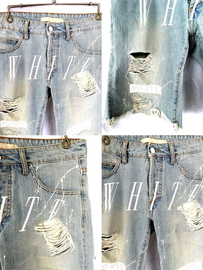 希少 OFF-WHITE オフホワイト ヴァージル期 クラッシュ加工 デニム Off-White（デニム/ジーンズ ・ ブルー・ネイビー/青色系）の