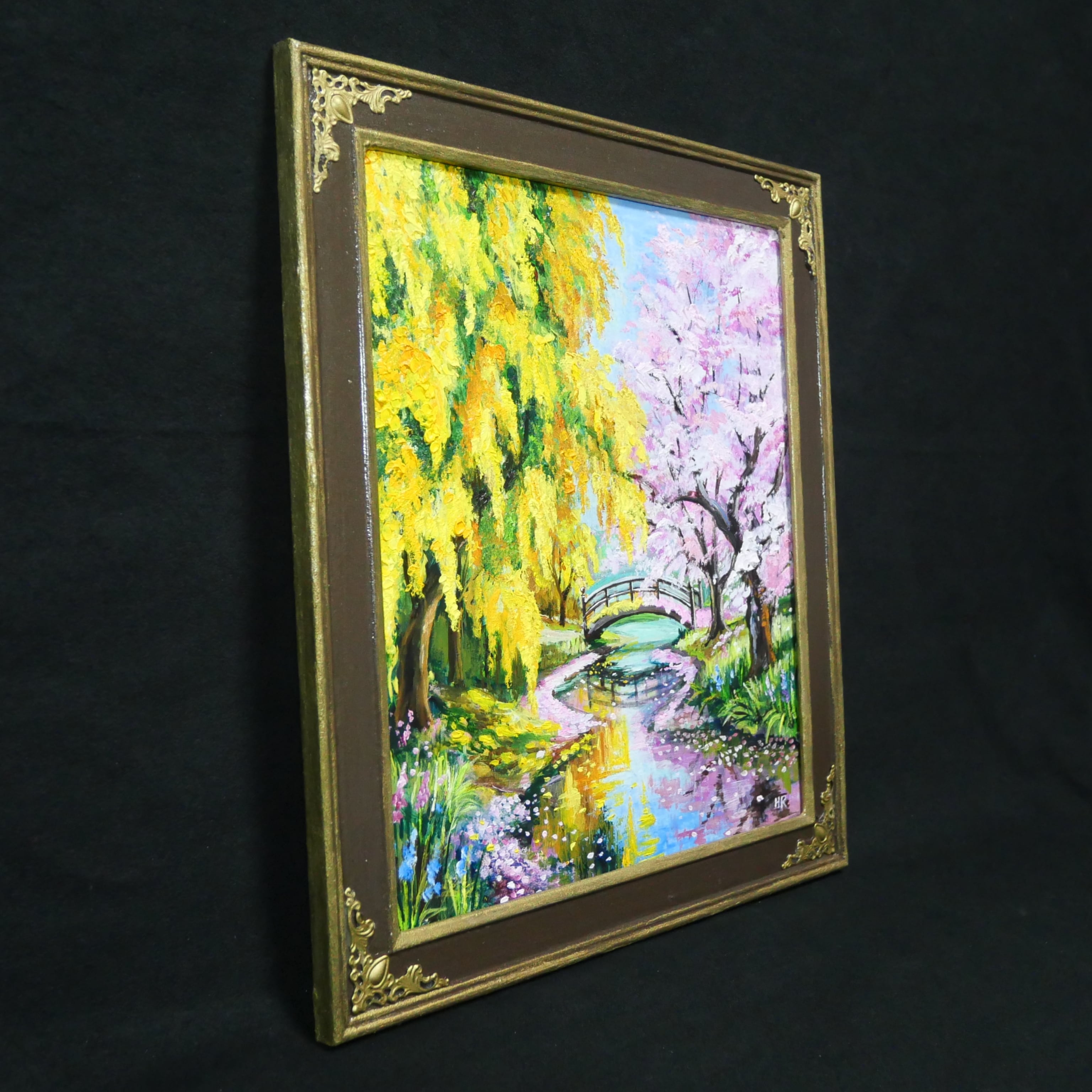 油絵 原画「陽だまりの庭園 〜桜とミモザの咲く日〜」 手描き 一点物