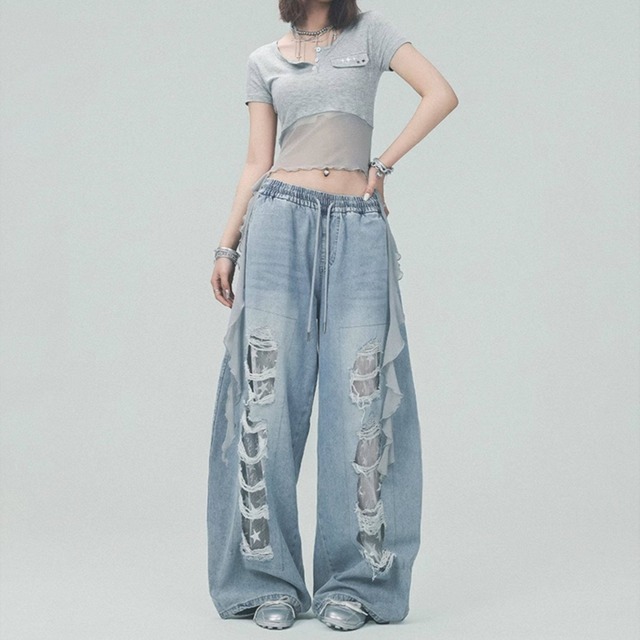 Distressed & Lace Wide Denim Jeans E7121