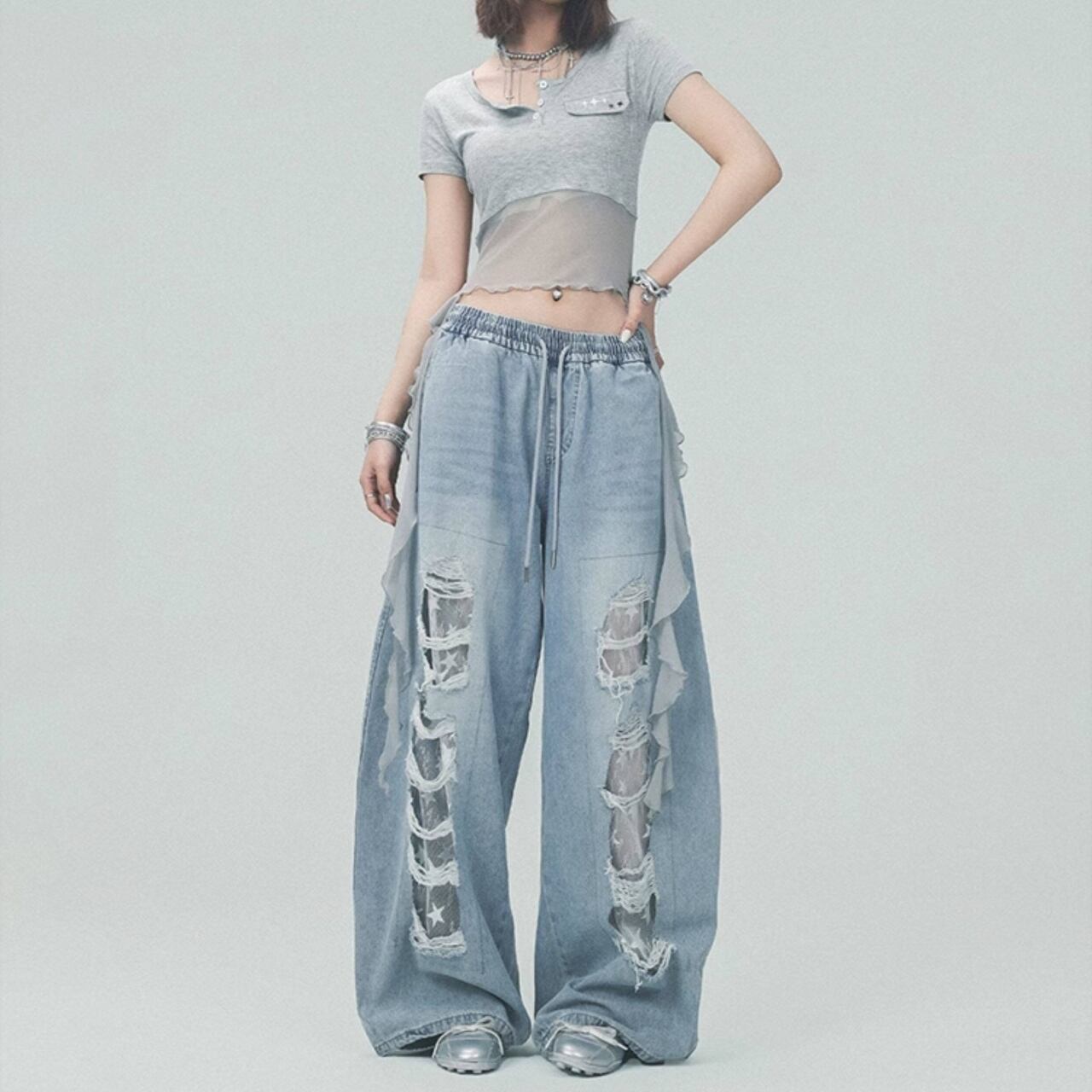 Distressed & Lace Wide Denim Jeans E7121