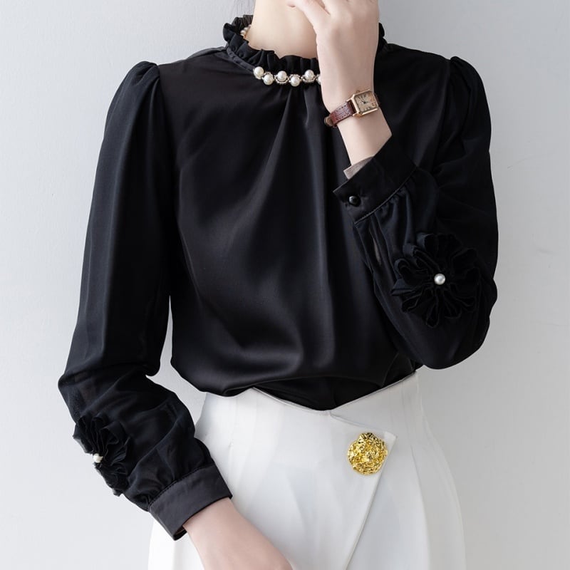 パール付きフリルネックブラウス Me1008