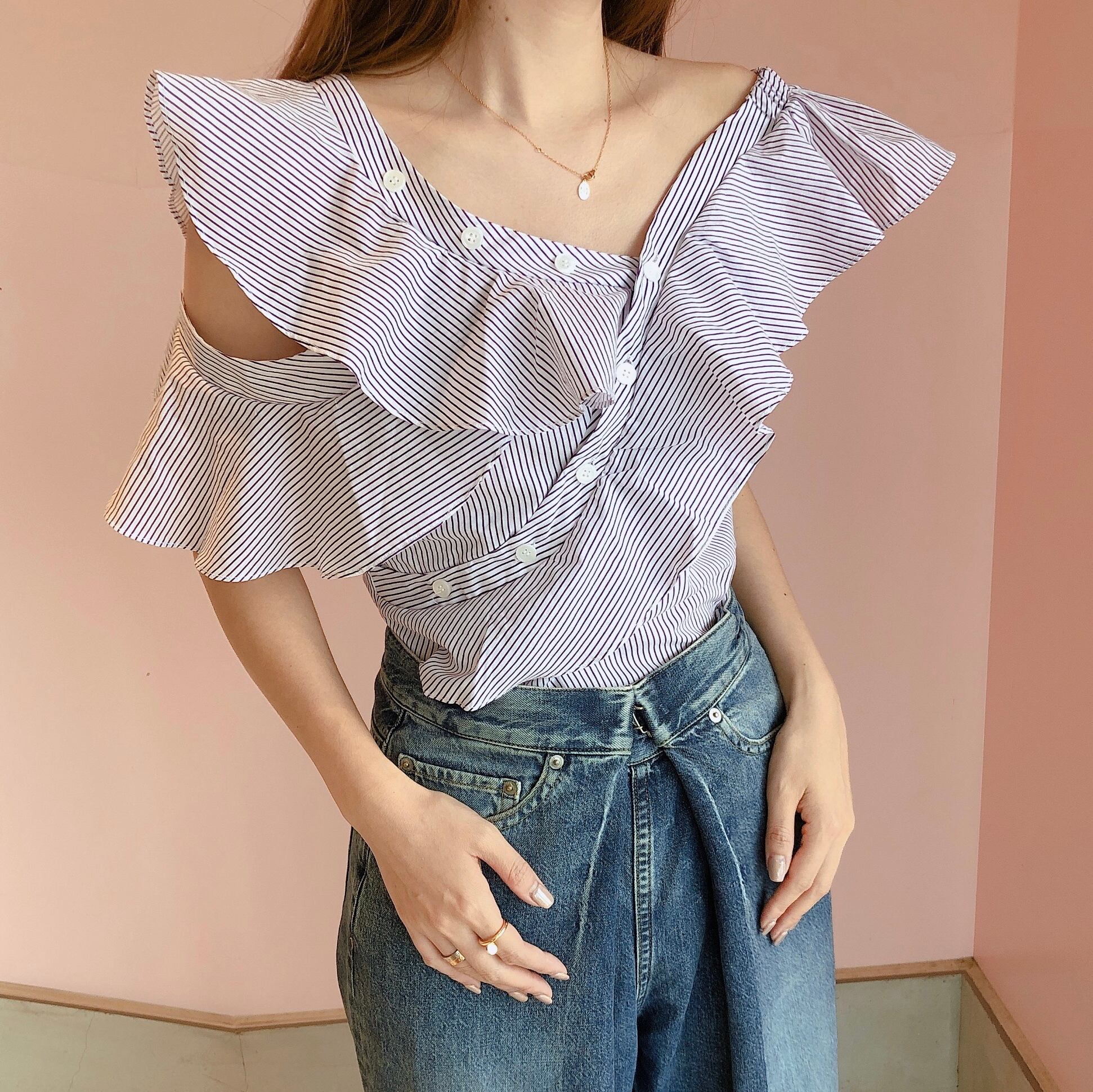 Cold shoulder stripe blouse /purple(予約商品7月中旬発送予定)