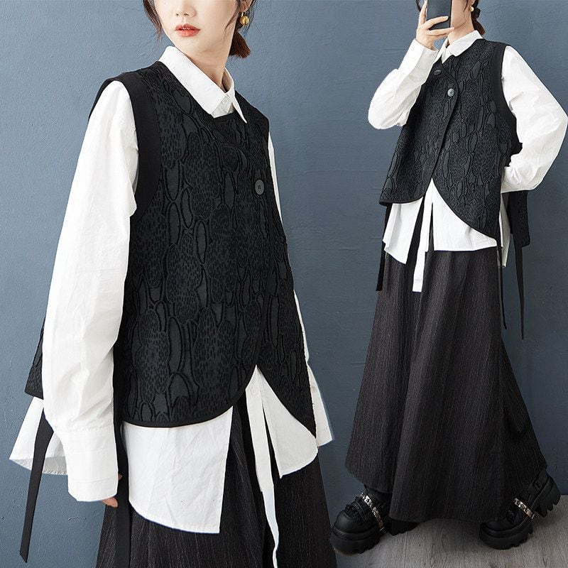 ASYMMETRIC TEXTURED SLEEVELESS LAYERED VEST M-18864