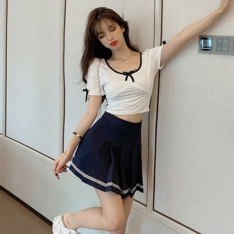 スタイルサマーTシャツ トップス ハイウェストウェストプリーツスカート 夏物 ハンチェンe87681050178