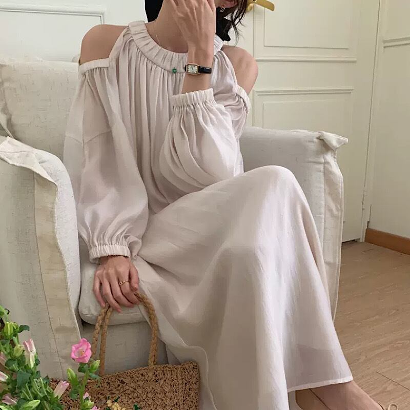 大人可愛い儚げ女子 オープンショルダー ワンピース マキシ丈 くるぶし丈 ロングワンピース フェミニン キレイめ ナチュラル Lamitte Deco トレンド 韓国ファッション ショップ Base店