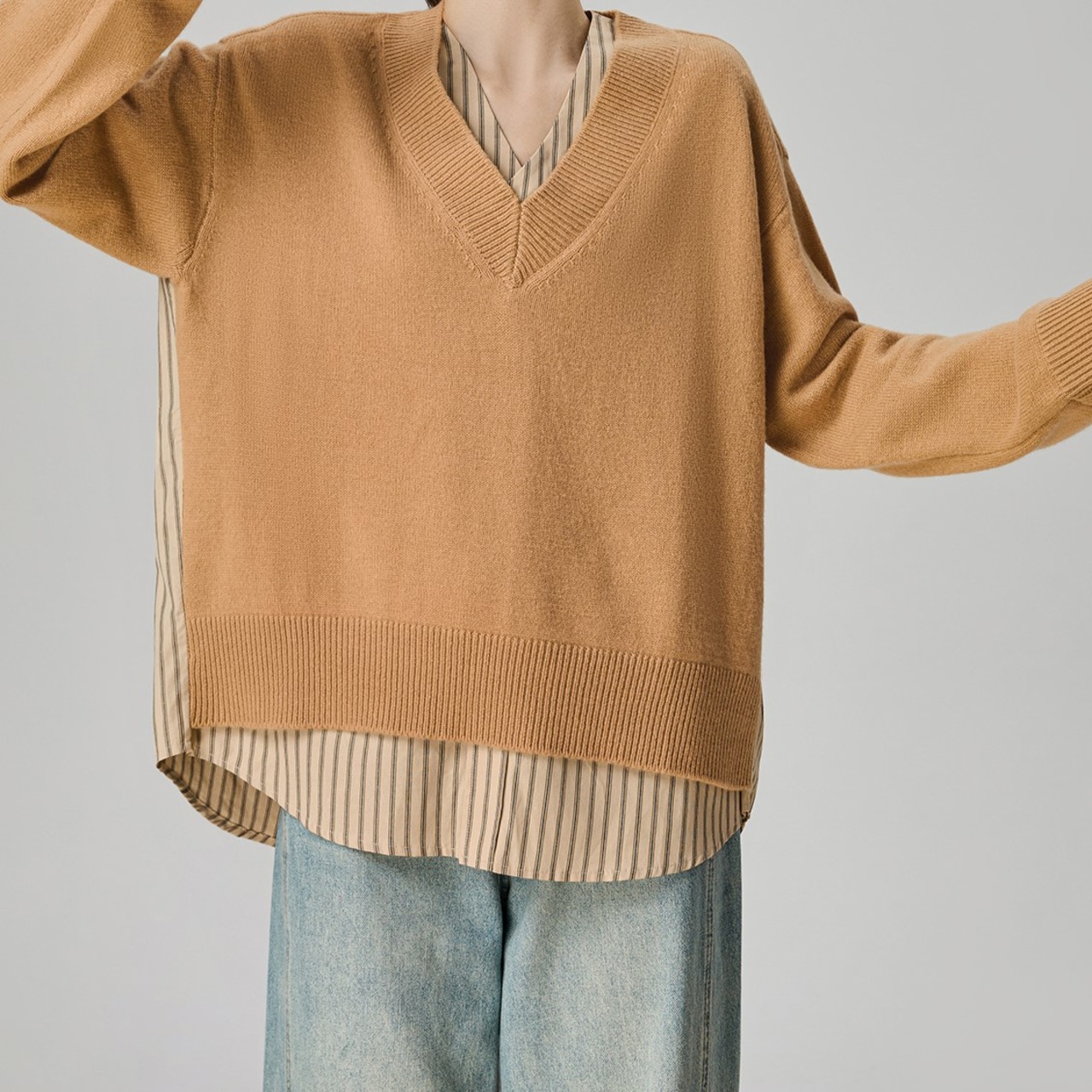 ベージュストライプパッチワークニット H0061