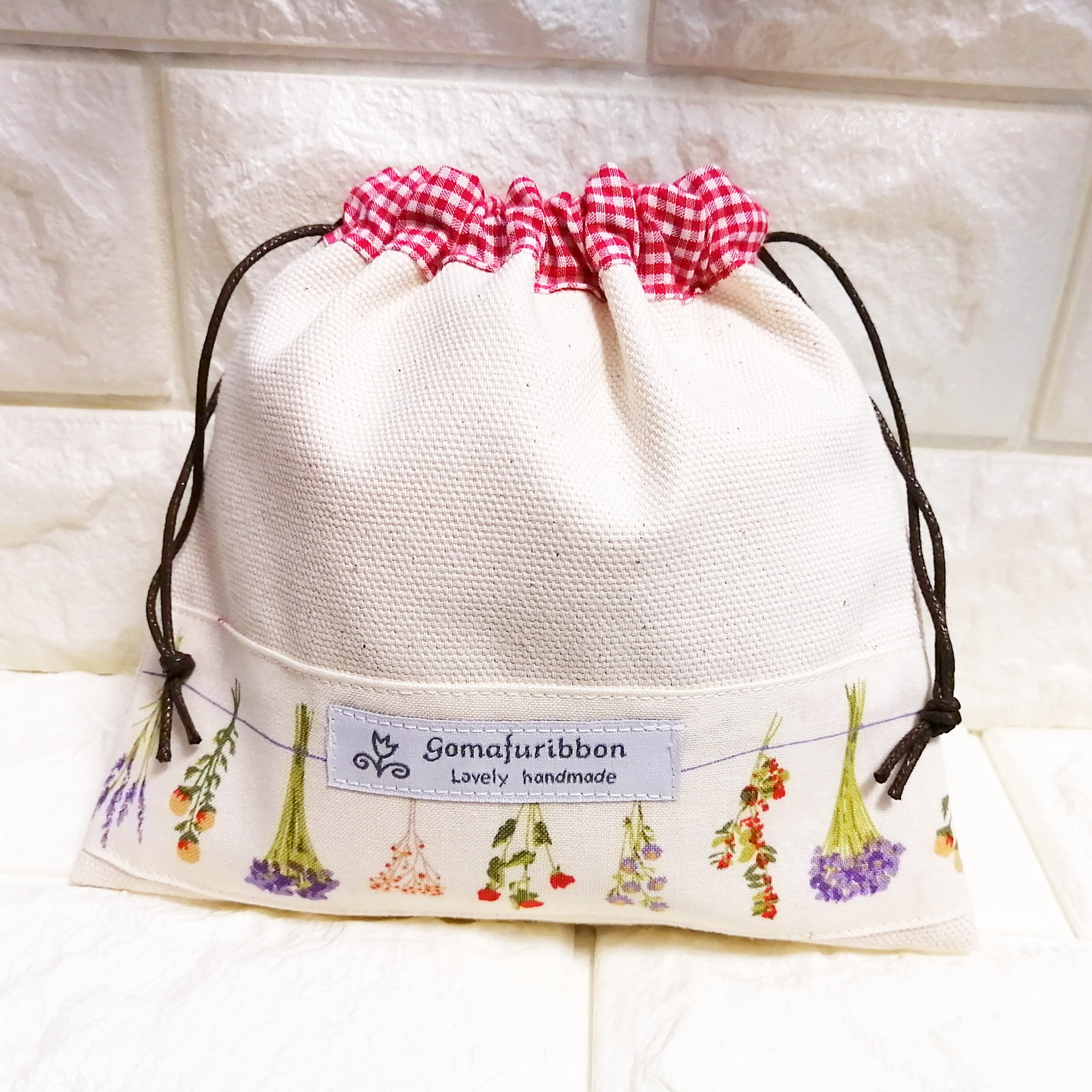 帆布の巾着 スワッグ柄 赤いギンガムチェック