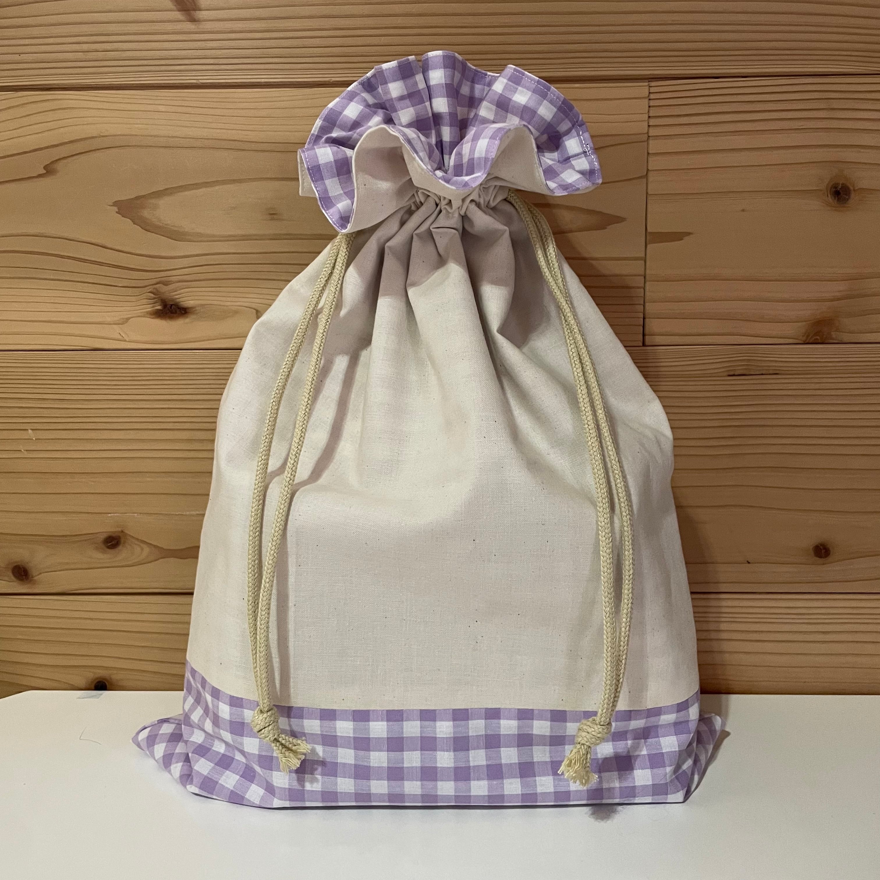 むらさきギンガムチェックフリル巾着＊体操服入れ・おむつ入れ＊名前