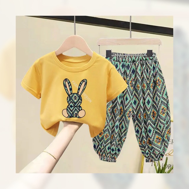パステルうさぎTシャツ＆デザインロングパンツセット