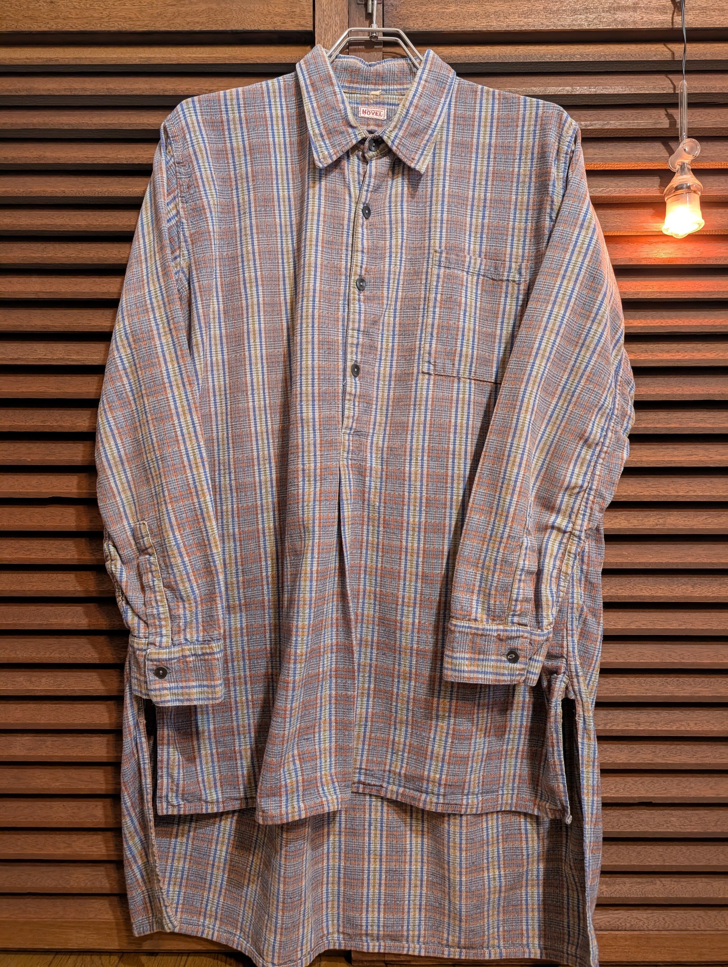 40-50s France NOVEL Granpa Shirt Orange Blue Yellow Check Gusset