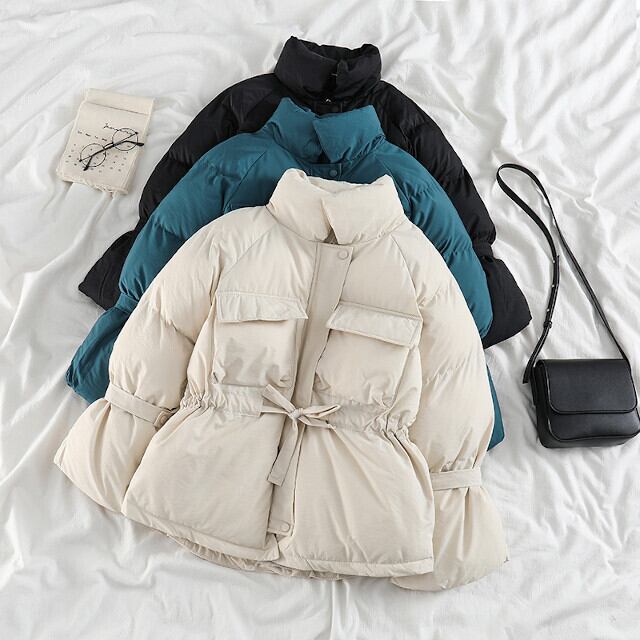全3色 レディース ダウンジャケット アウター ミディアム丈 キャンディースリーブ ウエストリボン ウエストマーク あったか 秋冬 ブラック/ブルー/アプリコット