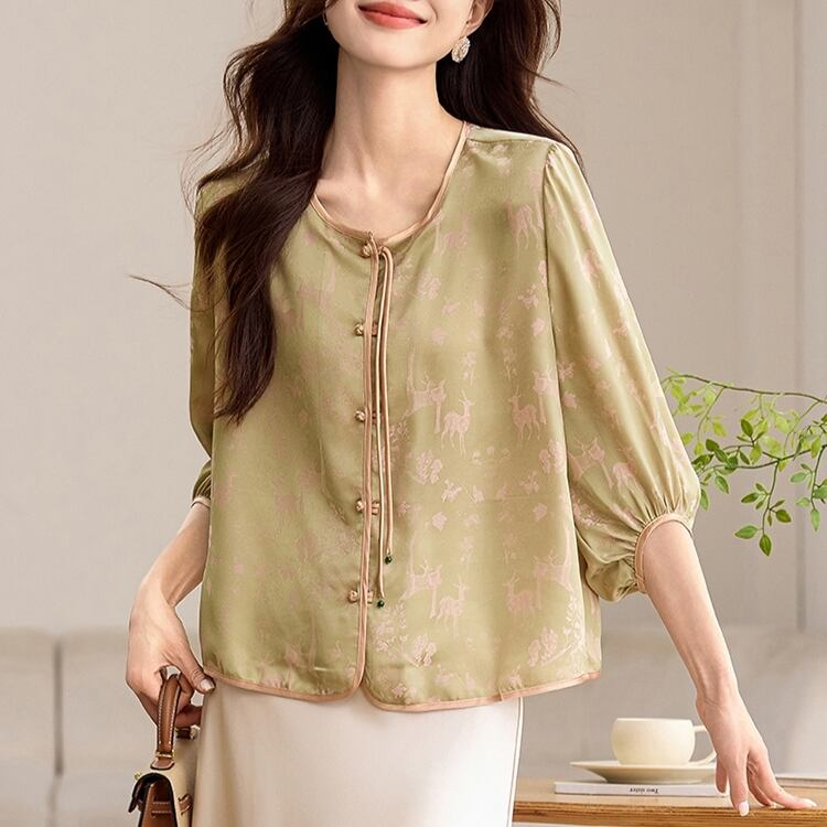 小鹿モチーフジャカード　ノーカラーブラウス　YS00105