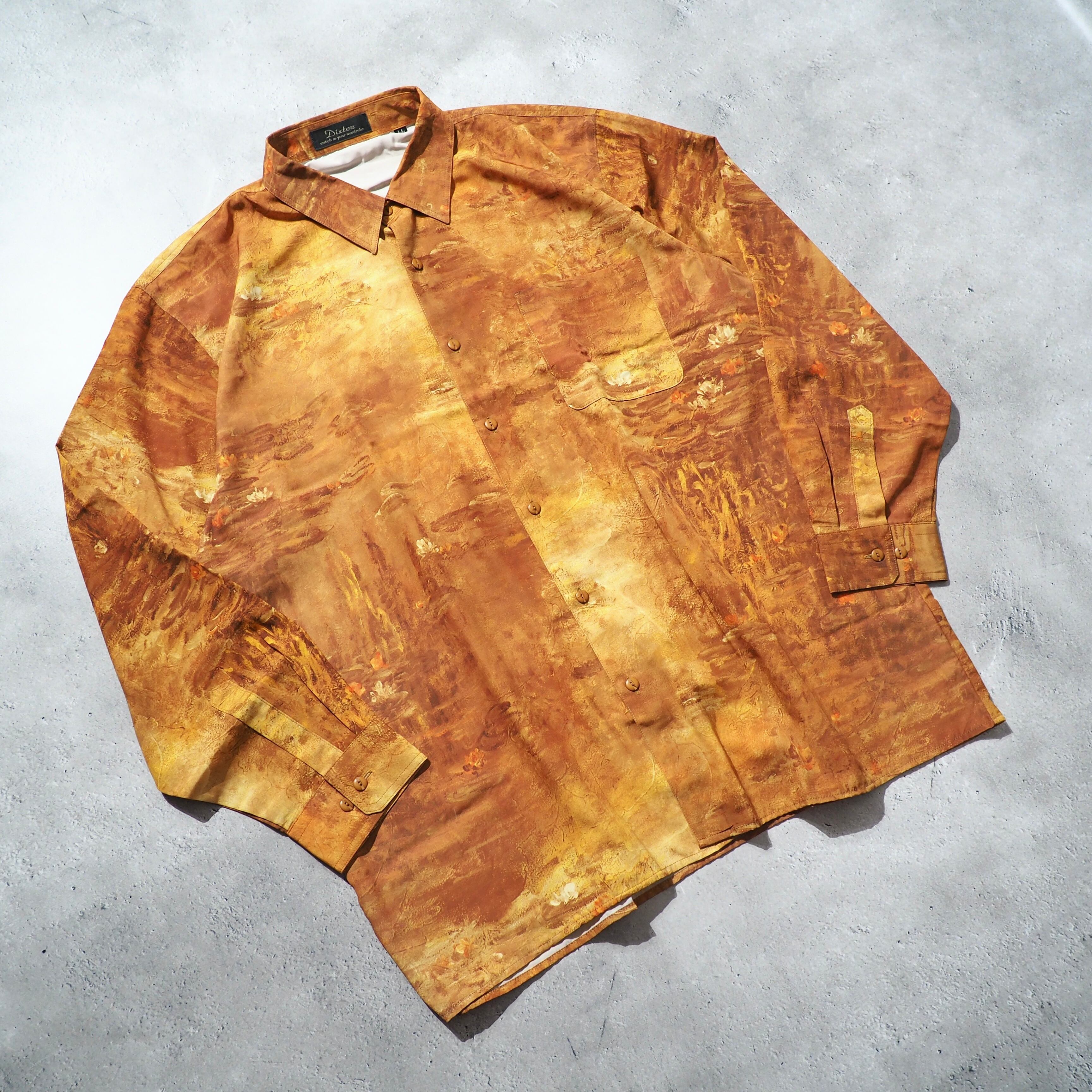 1980s " 睡蓮 " Beautiful oil painting Art vintage Drape loose shirt