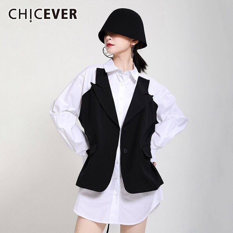 CHICEVERパッチワークレディースドレスラペル長袖レースアップヒットカラーフェイクツールーズミニドレス2020 ロング 6base532807361599