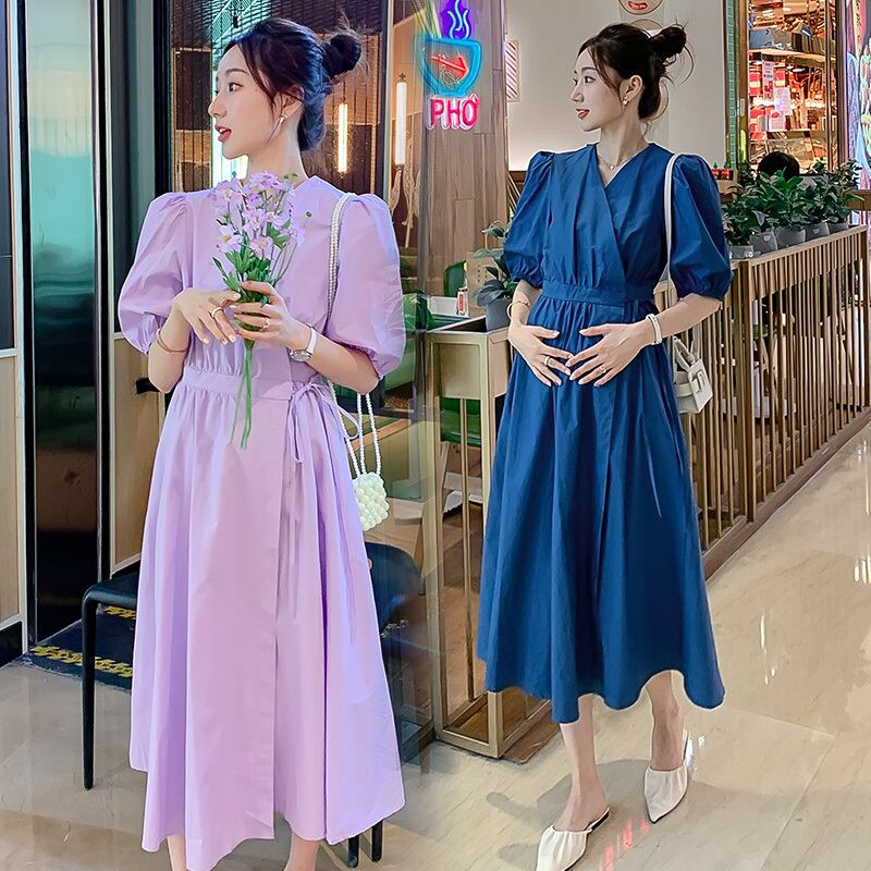 【新作】【送料無料】 1935＃2021サマーマタニティロングドレススウィートVネックスリムウエストルーズウェア妊婦妊娠 大人ガーリー キュート カジュアル 夏物 AL expec465953038203