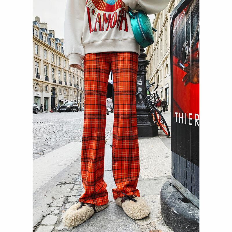 オレンジチェック柄カジュアルパンツ 大人女子☆スプリング透け オレンジチェック柄カジュアルパンツ 大人女子☆スプリング透け