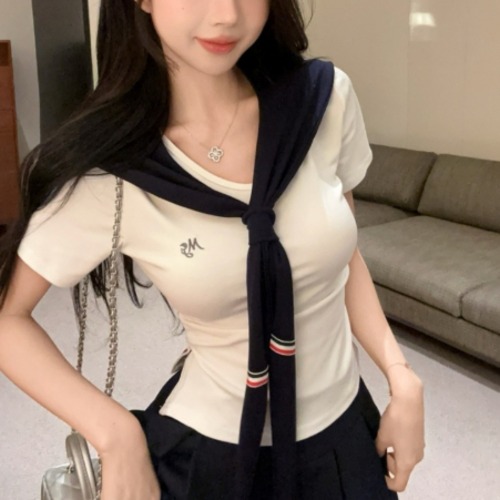 【3点セット】ワンポイントTシャツ+プリーツミニスカート+ショール ・78659