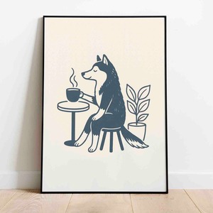 クスッと笑える 癒し オオカミ がコーヒー ポスター ミッドセンチュリー