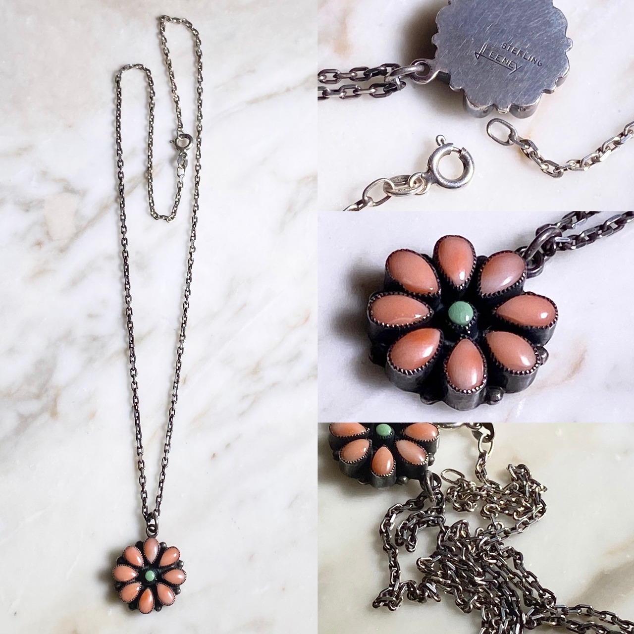 LEO FEENEY silver flower pendant necklace set with pink coral & turquoise