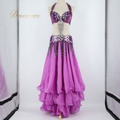 ベリーダンス オリエンタル 衣装 上下セット パープル系 ビーズ ラインストーン トップス スカート ベルト セット 華やか フリル フリンジ 上品 ダンス衣装 キラキラ ストーン 煌びやか ボリューム 舞台 かわいい