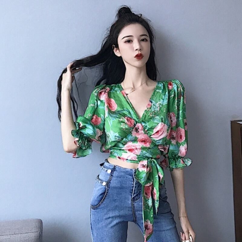 2020年春の新作レディースネクタイVネックセクシースリム半袖プリントシフォンシャツショートトップレディーストレンド YY-ファッション46729545252