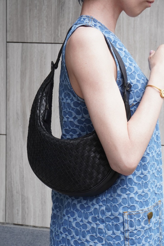 Bottega Veneta ボッテガ・ヴェネタ イントレチャート ハンドバッグ ブラック レザー ホーボーバッグ 10500 105264NE vintage ヴィンテージ オールド xsmh56
