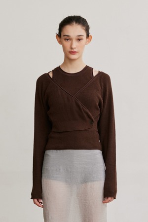 [AFTERHOURS] KNIT CARDIGAN SLEEVELESS TOP SET (BROWN)