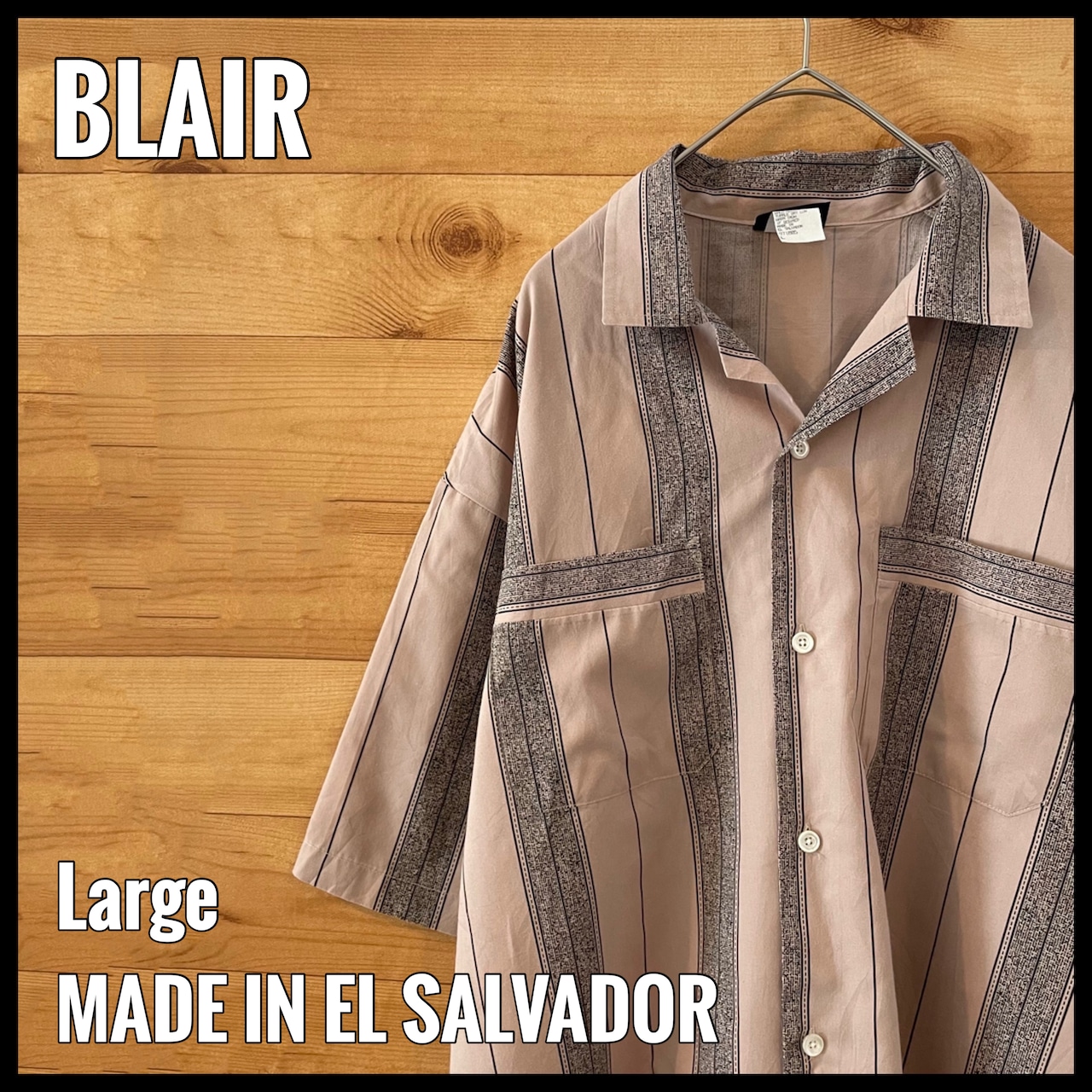 【BLAIR】オープンカラーシャツ 開襟シャツ ストライプ 個性派 半袖シャツ ベージュ レトロデザイン Lサイズ US古着