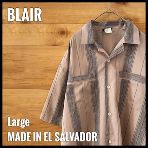 【BLAIR】オープンカラーシャツ 開襟シャツ ストライプ 個性派 半袖シャツ ベージュ レトロデザイン Lサイズ US古着