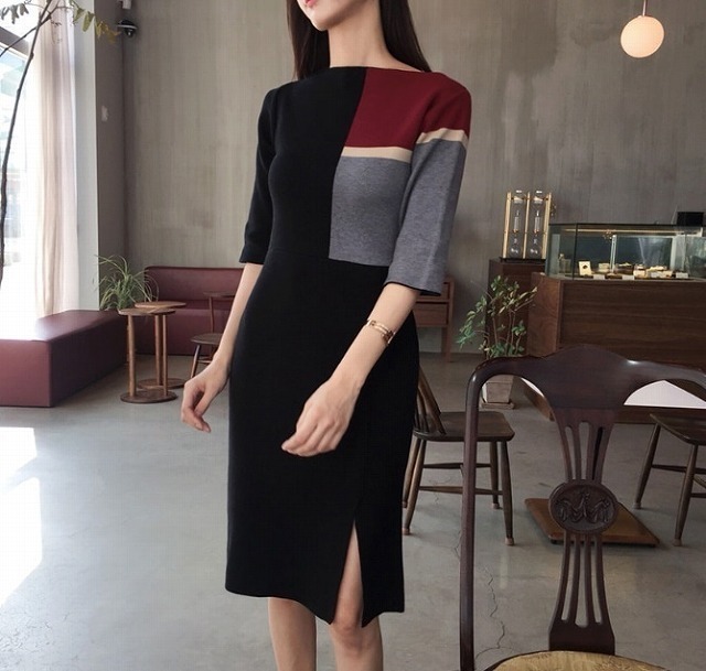 ワンピース レディース ニットワンピース 秋冬 ロングワンピース 長袖 秋 ニット ワンピース 大きいサイズ ワンピース ひざ丈 配色 ブロック ライン 大人可愛い かわいい お洒落 綺麗 個性的 袖あり 長袖 代 30代 40代 50代 普段使い 長袖 Tresor