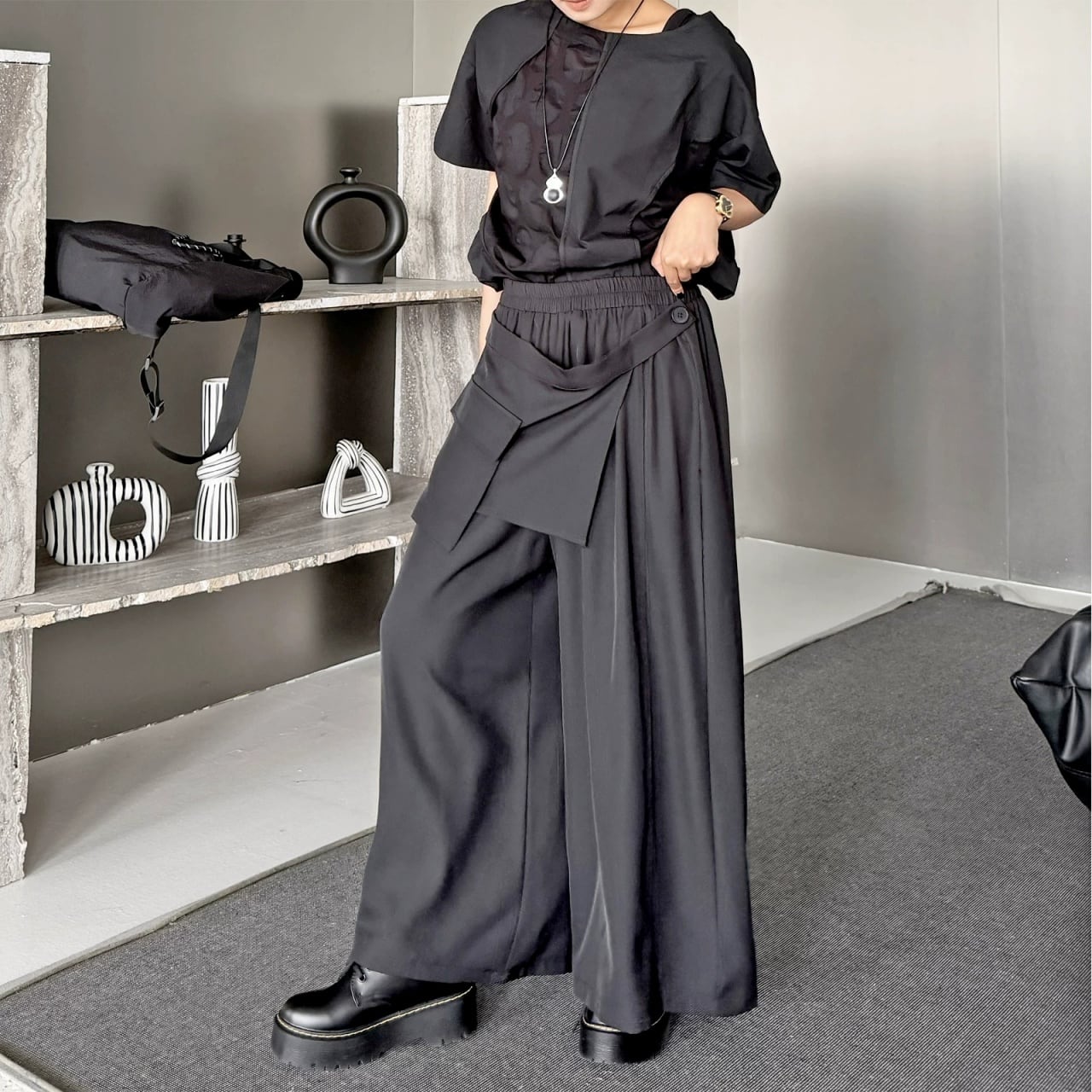Asymmetrical Flap Wide Pants 01329