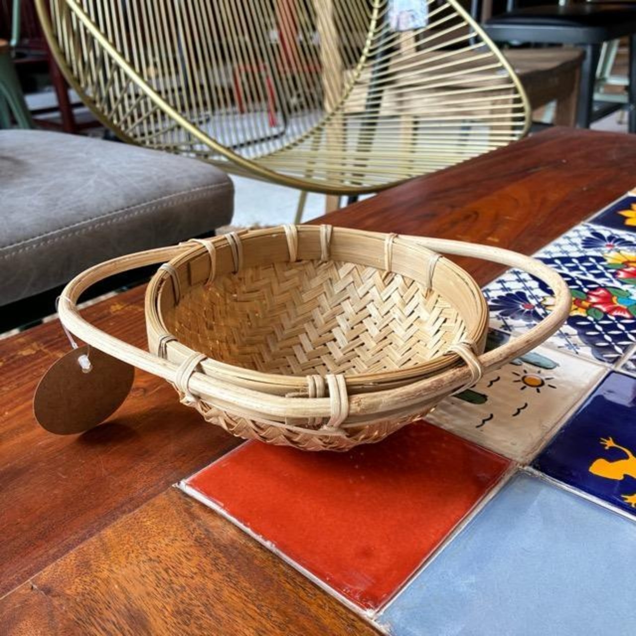 Bangladesh Bamboo basket with handle S　バングラディッシュ　持ち手付き竹ザル　S　ボウル　水切り　野菜　果物　バンブー　籐　竹ざる　バスケット