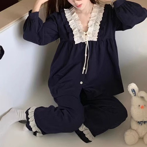 2色／レースVネックパフスリーブルームウェア ・71611