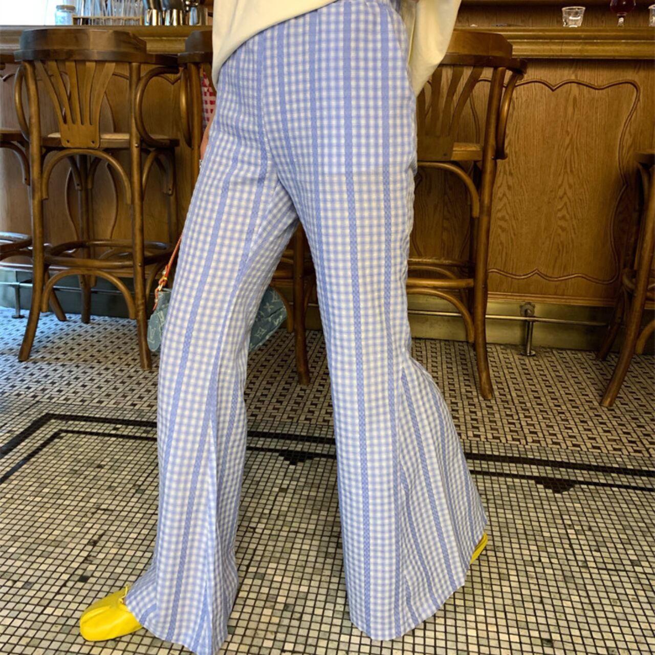 Gingham check bell bottom flare pants 00023