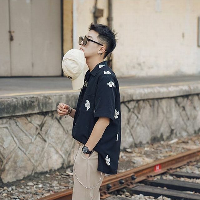 ブラック Lサイズ メンズ メンズファッション トップス シャツ プリントシャツ カジュアル オシャレ 通勤 レトロ柄 花柄 半袖 Mep1101