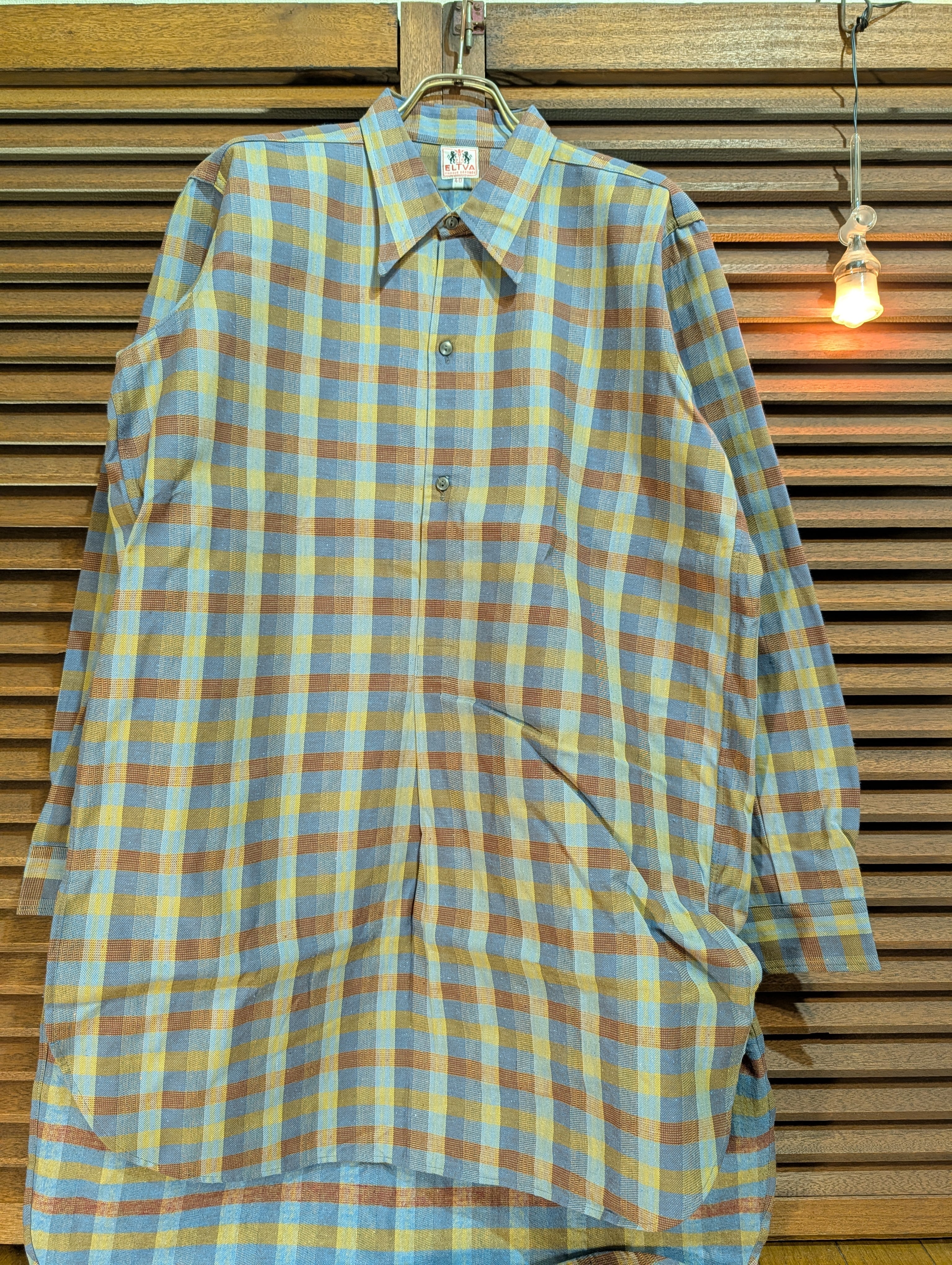 40-50s France ELTVA Check Grandpa Shirt Blue Brown Mint