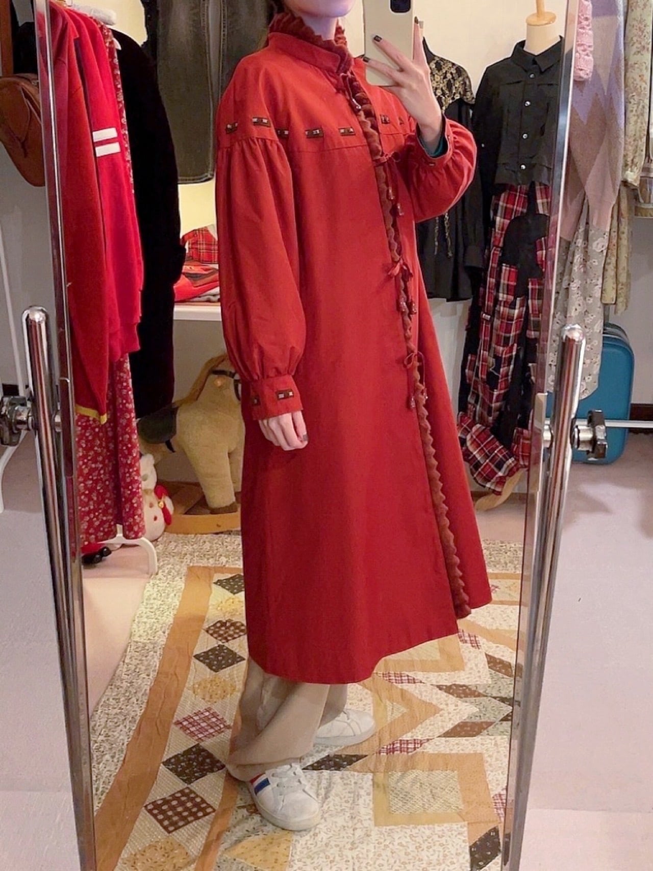 red ribbon fur liner coat