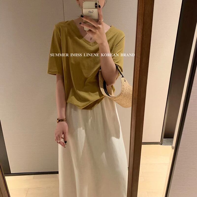 ルーズVネックTシャツ シャツ サマープルオーバー カラー薄手ホワイト 夏物 ピュア ビッグFスモールZ韓国97701799789