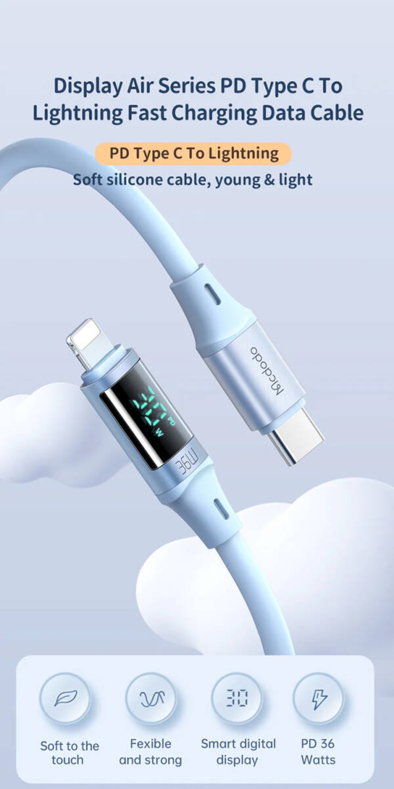 Digital HD USB-C Lightning 36W ケーブル 1.8m 急速充電 充電 データ同期 出力表示 ライトニング タイプC iPhone