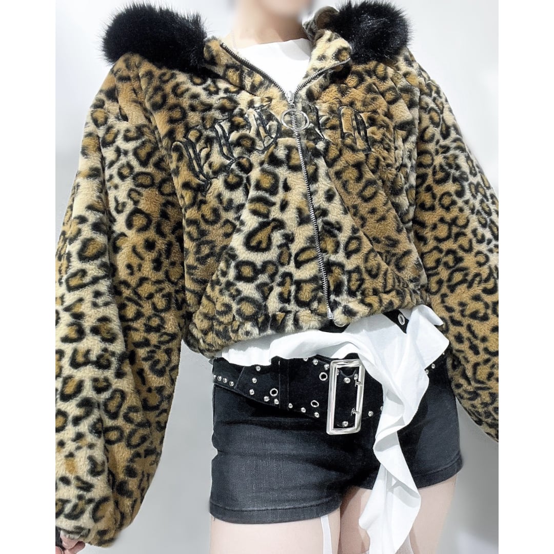 10/17新着】ヒョウ柄ネコ耳ロゴファー☆ショート丈ブルゾン