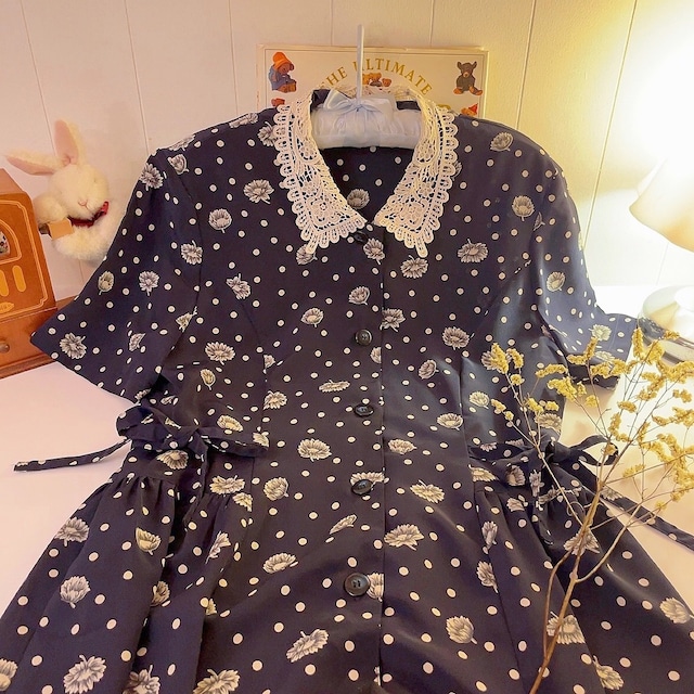 lace collar flower dot one-piece