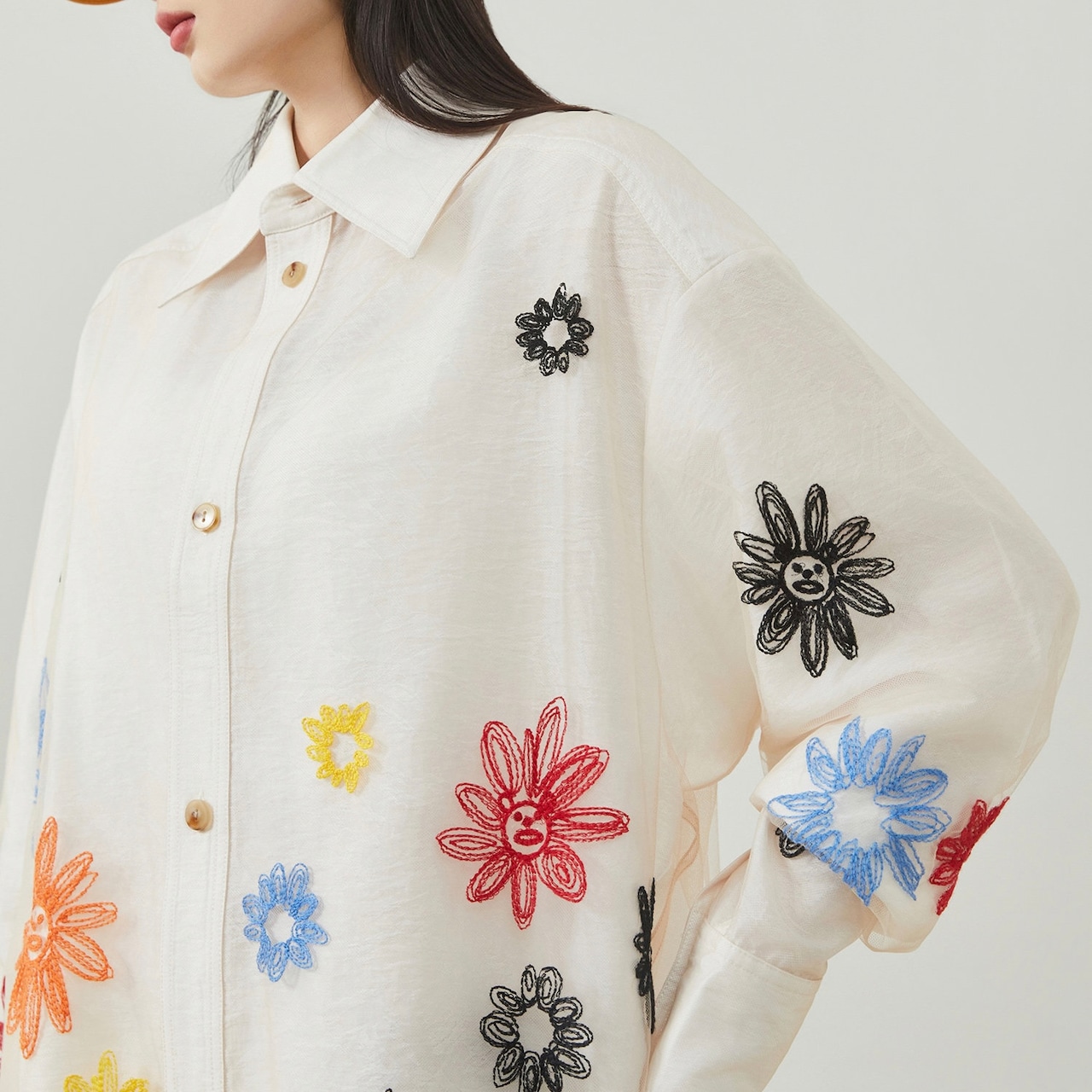 カラフルフラワー刺繍シャツ H0108
