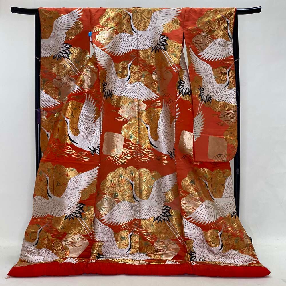 色打掛 正絹 鶴 刺繍 金 オレンジ 打掛 花嫁衣裳 婚礼 リサイクル 中古  