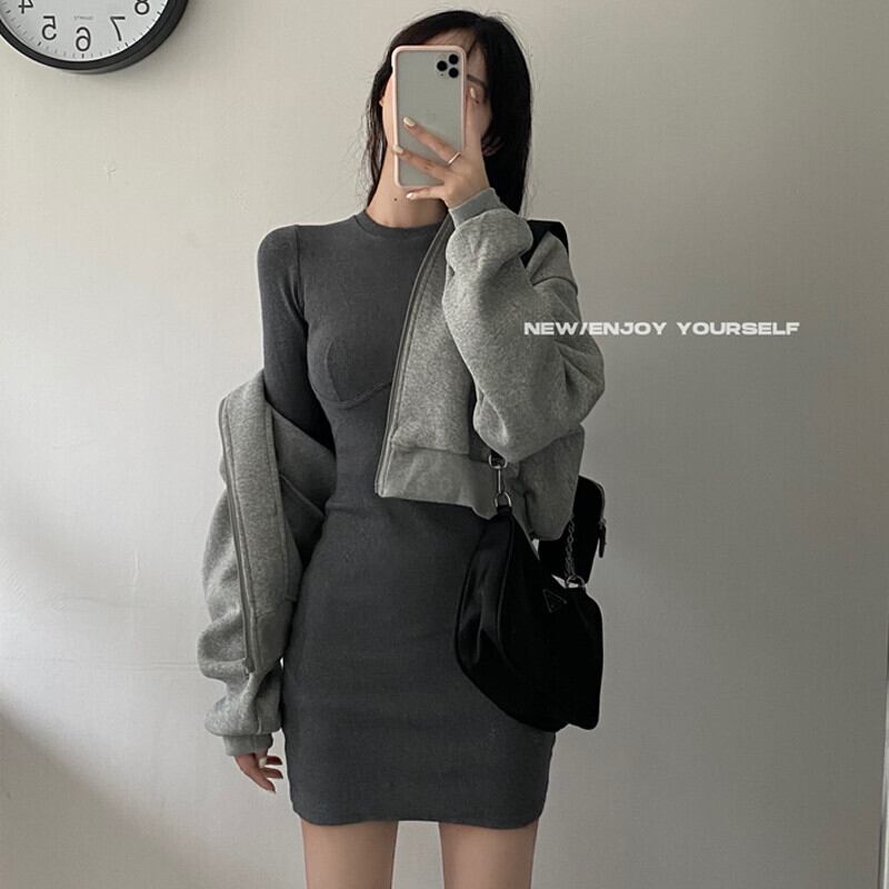 グレーフードジッパーショートコート ドレス スカート オータム 大人ガーリー スウィート キュート カジュアル 秋物 ガールズファッション41930602234