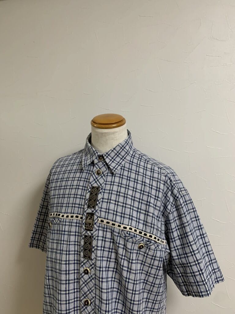 1980~90's Euro Linen × Cotton Check Pattern Tyrolean Shirt