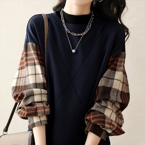 【送料無料】 トップス セーター 袖あり 長袖 クルーネック ドッキング かわいい 大人可愛い 大人女子 こなれ感 シンプル カジュアル 大人 おしゃれ お洒落 ラフ コンサバ チェック柄 冬 30代 40代 レディース 女性用 ママ ママ服 デート お出かけ お茶会 女子会 休日 演奏会 授業参観 着回し プチプライス デイリーユース 普段使い 韓国 韓国系 ファッション コーデ スタイル 楽ちん あったか 暖かい 定番アイテム トレンド 着痩せ S M L XL XXL 大きめ ゆったり ゆる