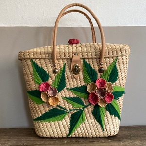 1970s Mexican Floral Embroidered Straw Tote Bag